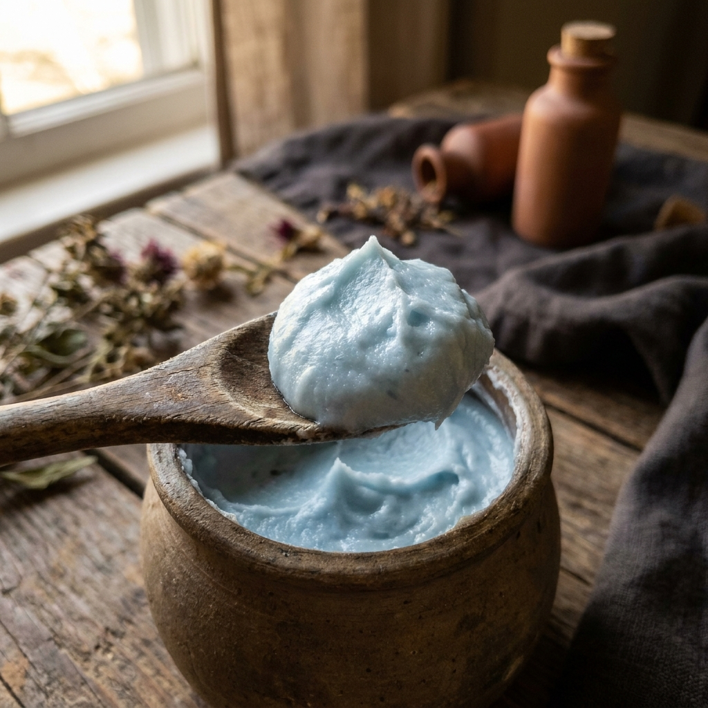 A soft blue whipped balm on a spoon.