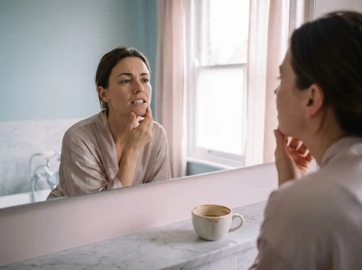 Woman looking thoughtfully at her teeth in the mirror
