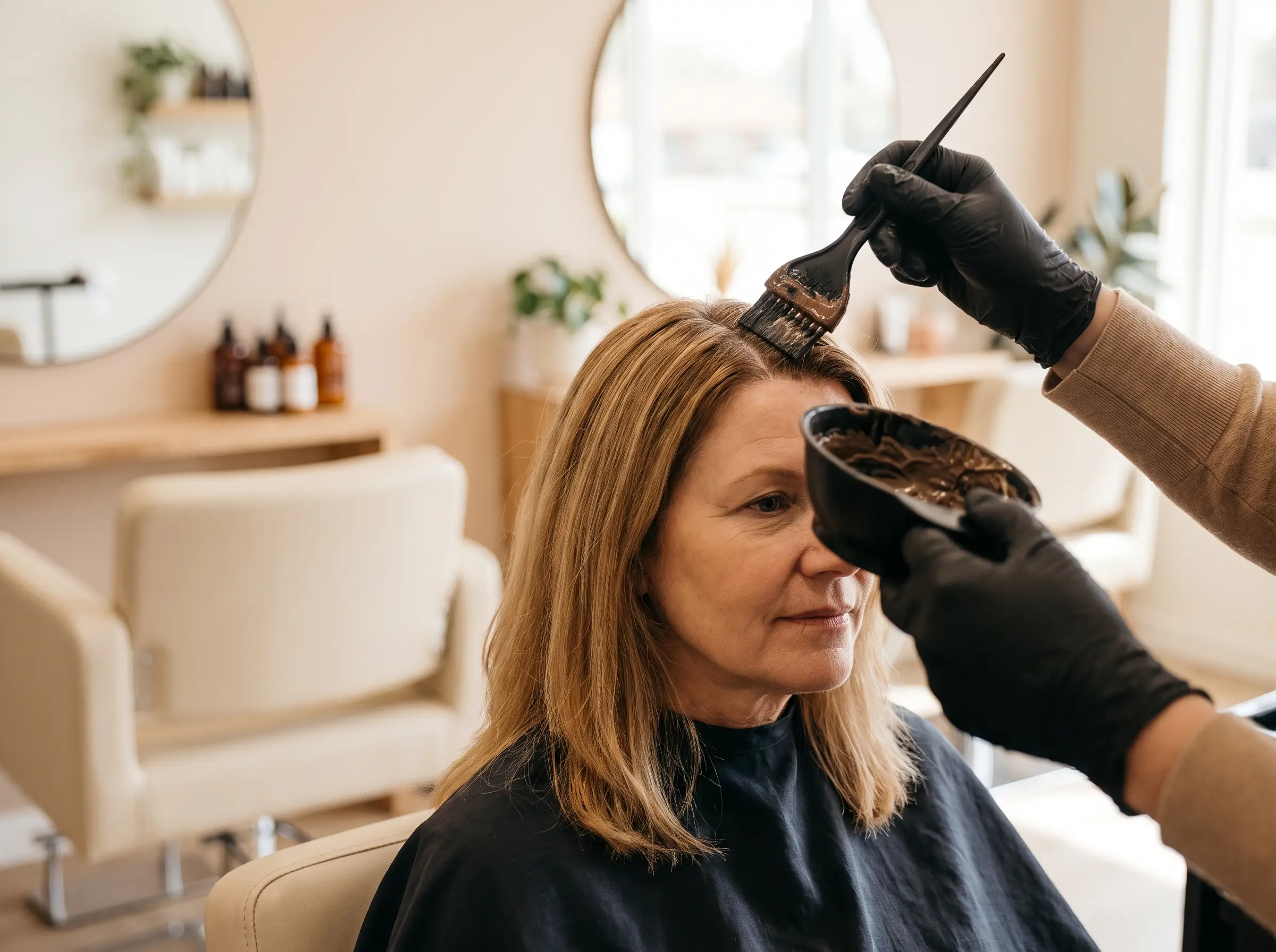 Woman receiving a salon root touch-up service
