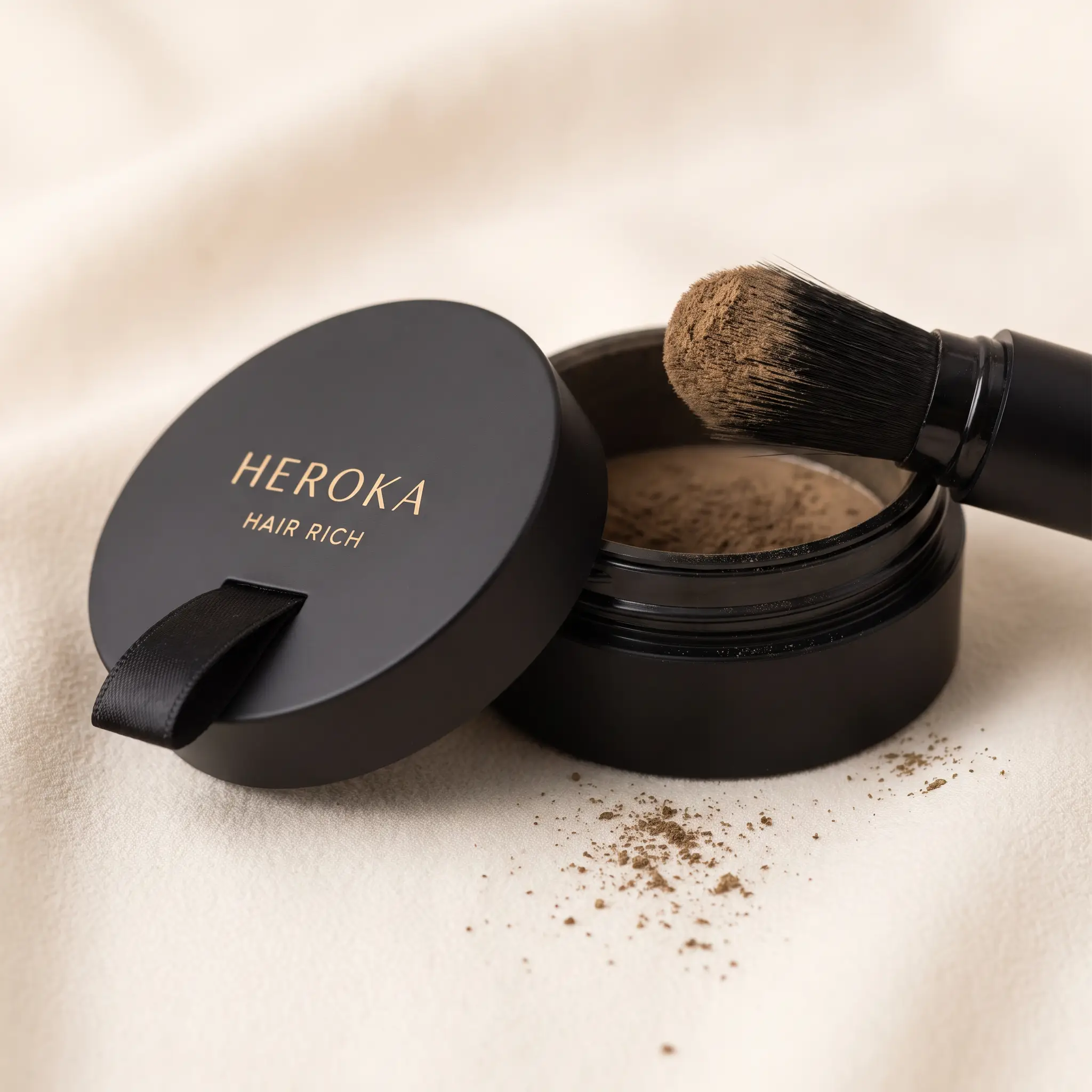 Macro view of Hair Rich powder texture and applicator brush