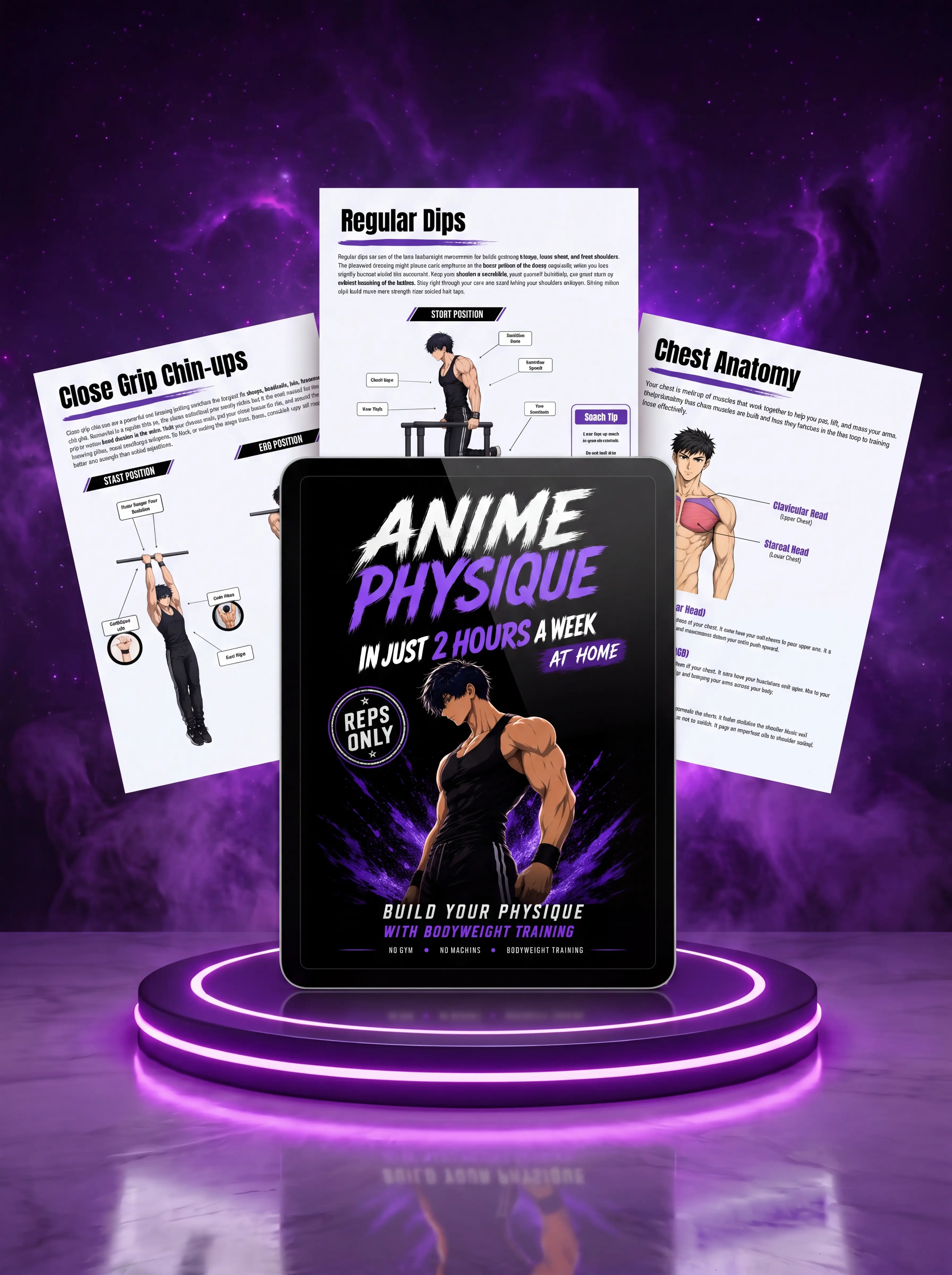 Anime Physique At Home Playbook on a tablet, with sample pages on close-grip chin-ups, dips and chest anatomy.
