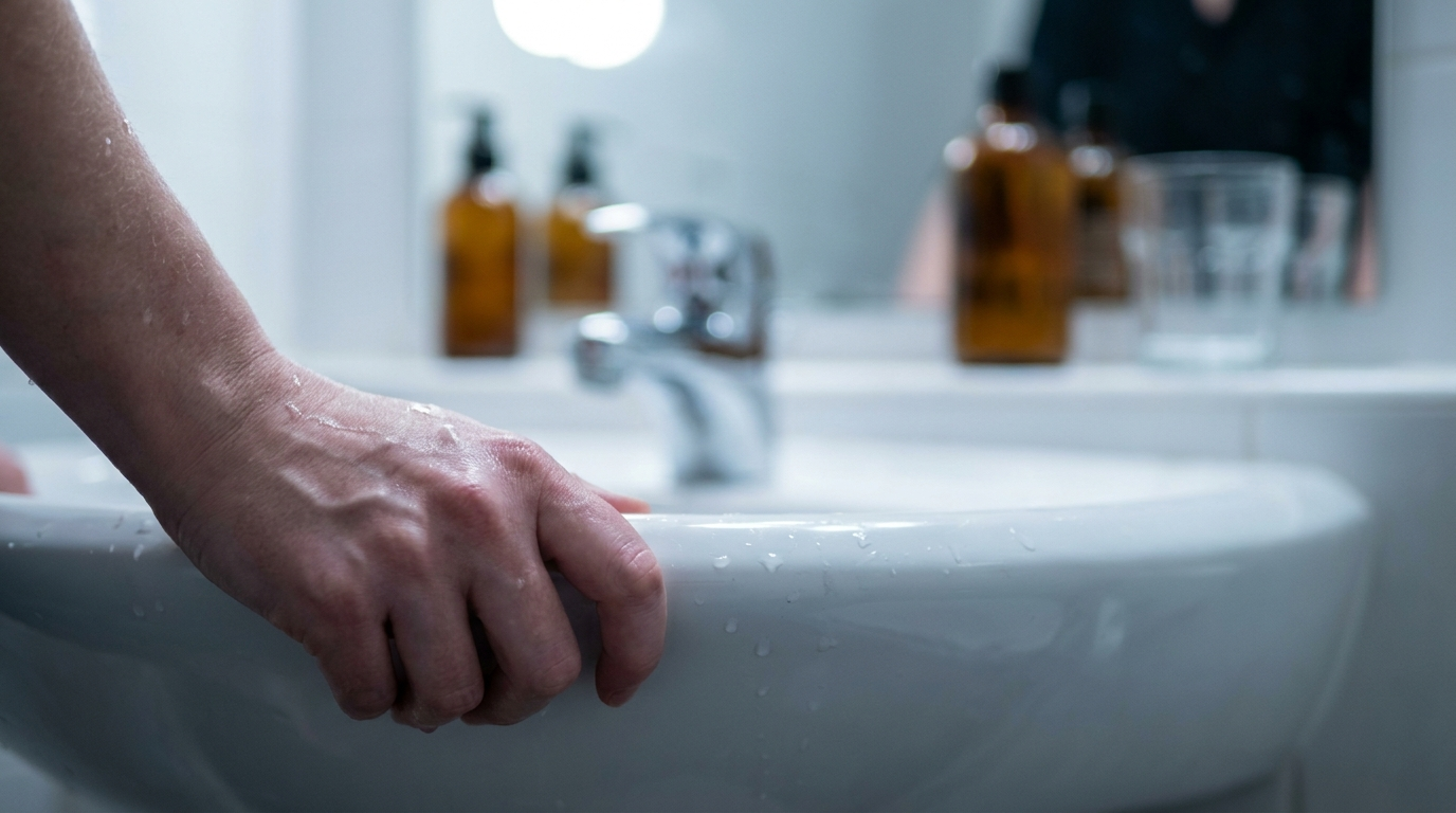 A white-knuckle grip on the edge of a bathroom sink basin
