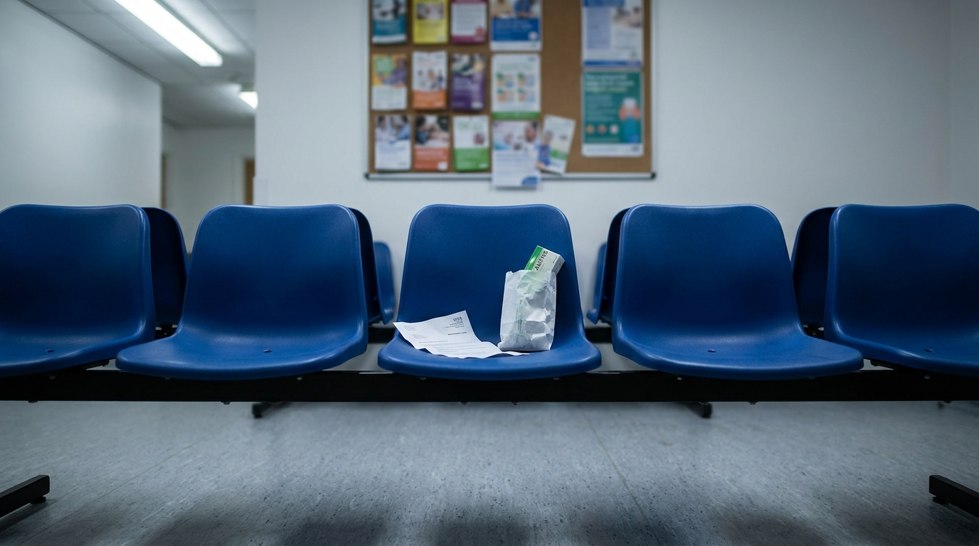 Empty plastic chairs in a GP waiting room under flat overhead lighting