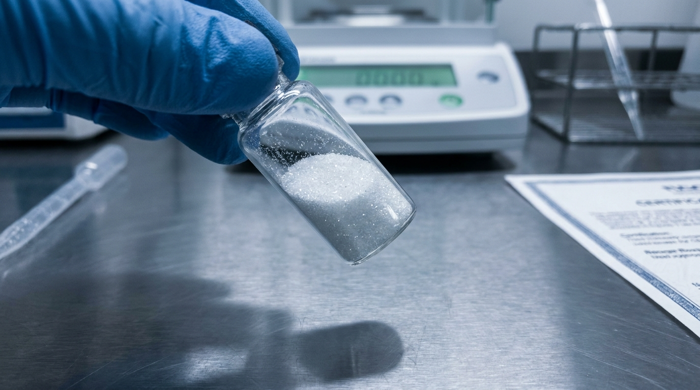 A laboratory vial of ozonated magnesium oxide under clinical lighting