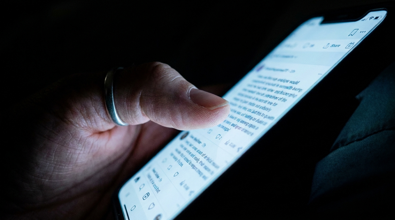 A phone screen glowing in darkness at three in the morning, searching for answers