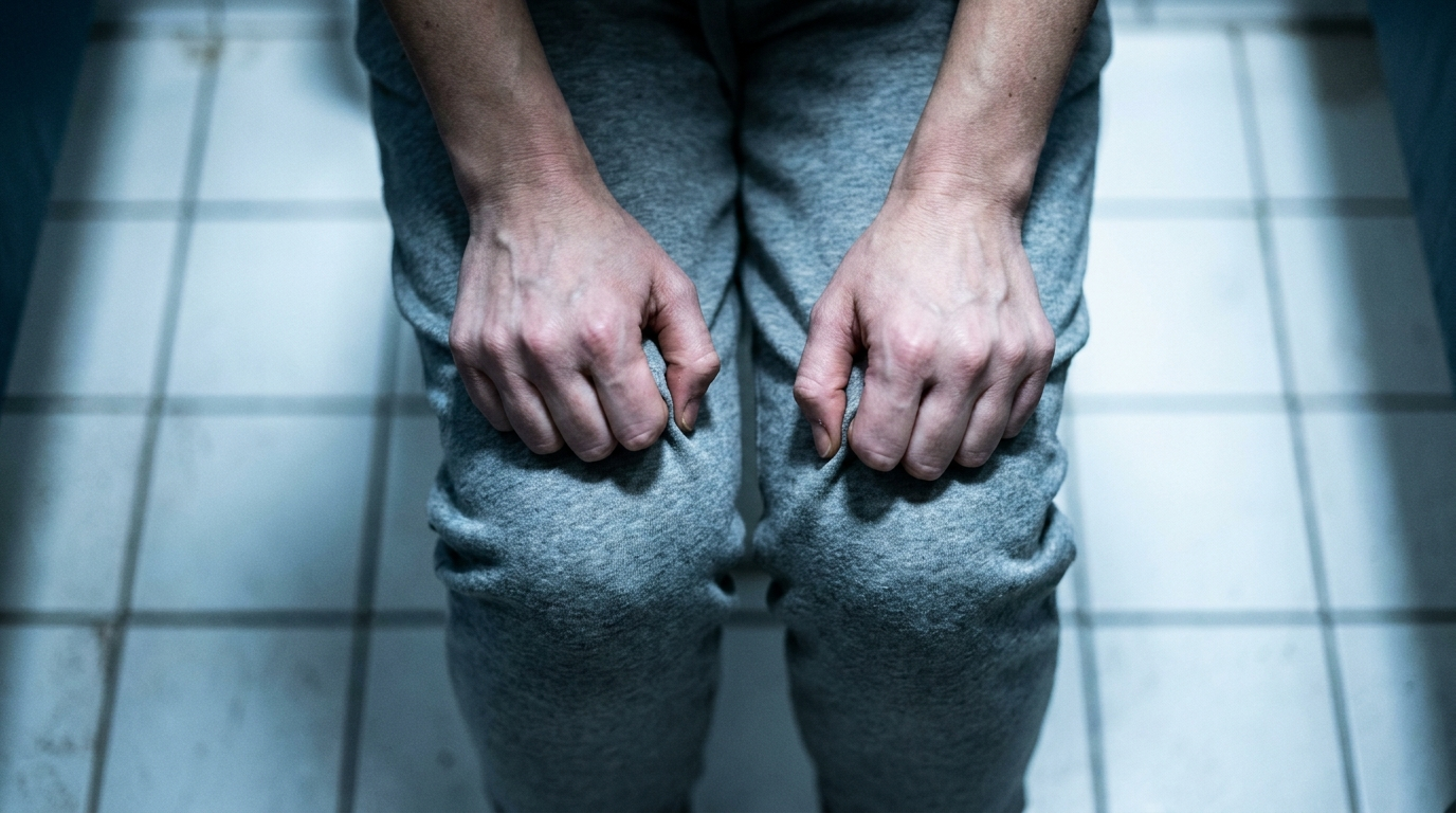 Hands braced on knees in a bathroom, knuckles white from straining