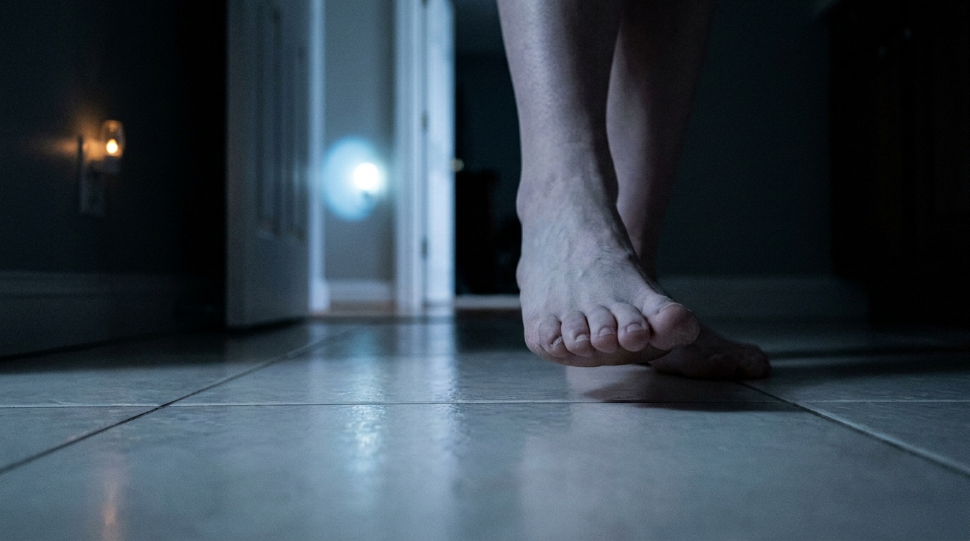 Bare feet on cold bathroom tiles in the early hours of the morning