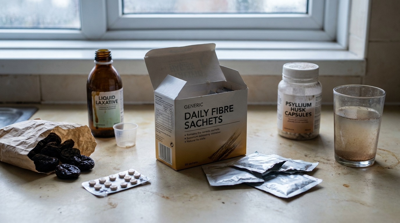 Abandoned fibre supplements and half-empty laxative boxes gathered on a bathroom shelf