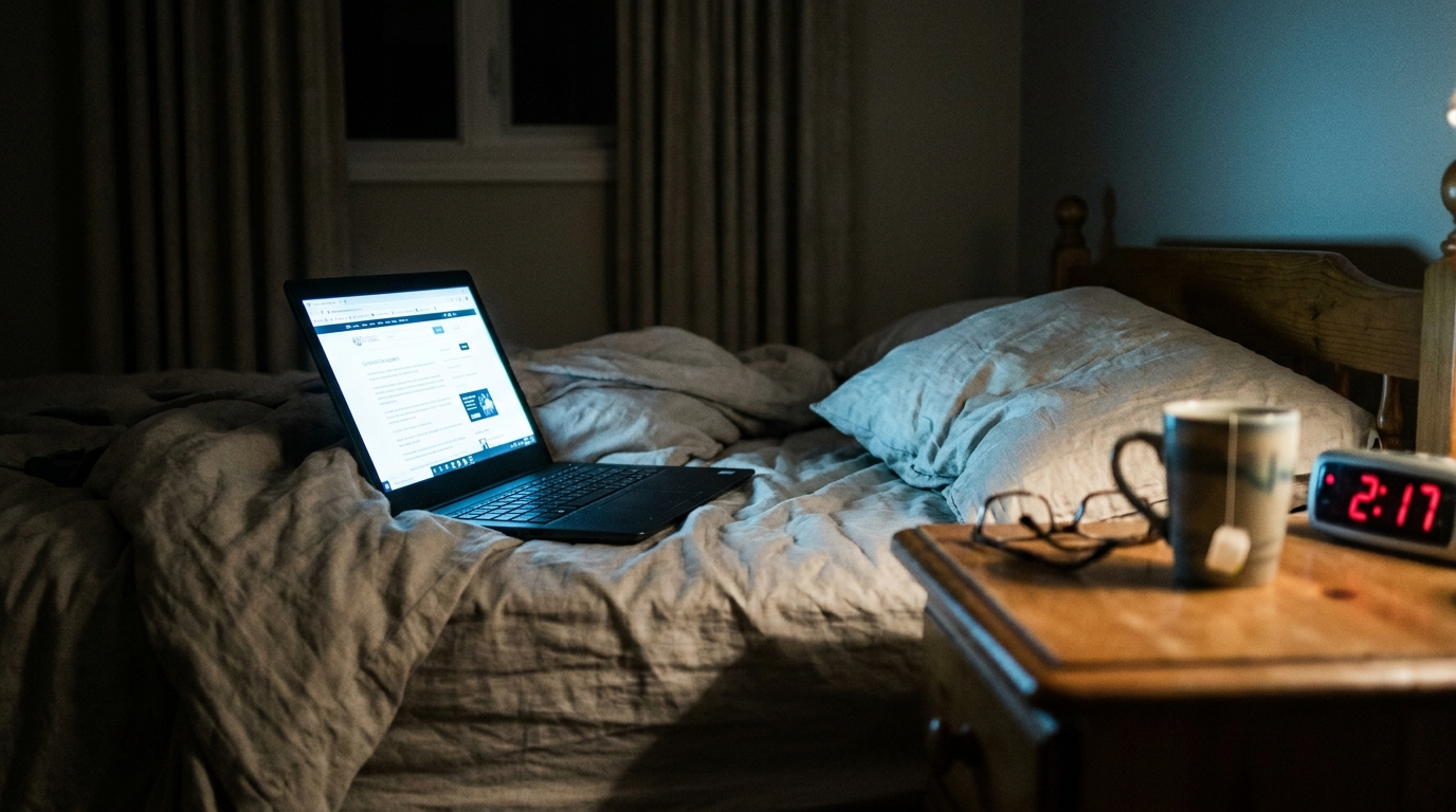 A laptop glowing in a dark room late at night, health forums on screen