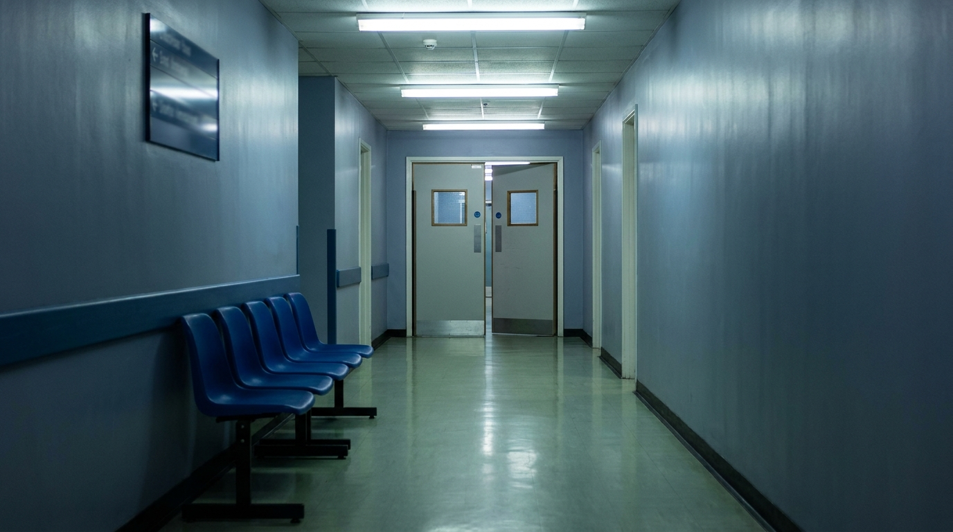 An empty hospital corridor stretching into cold fluorescent distance