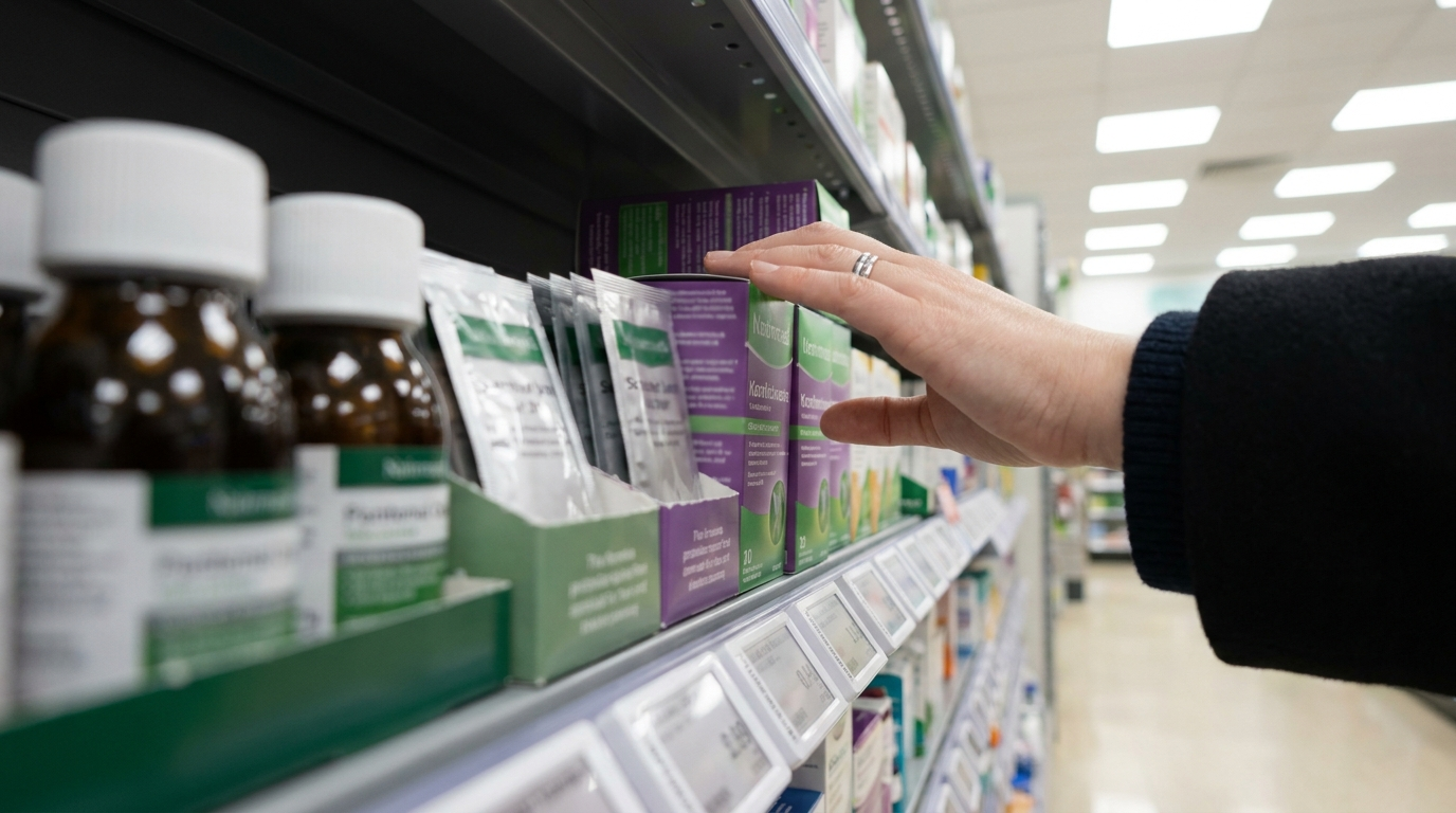A pharmacy aisle lined with rows of laxative boxes and fibre powders