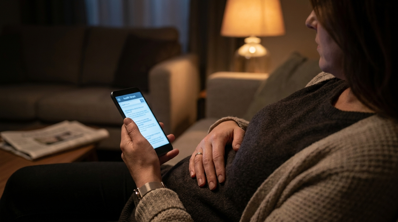 A phone held low under a desk, privately scrolling through symptoms in secret