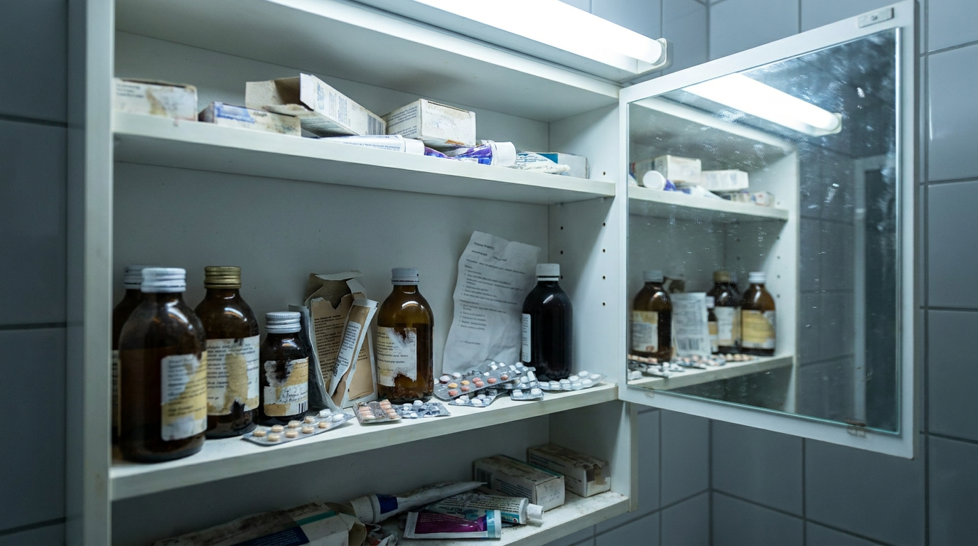 An overstuffed medicine cabinet crammed with unused remedies and supplements