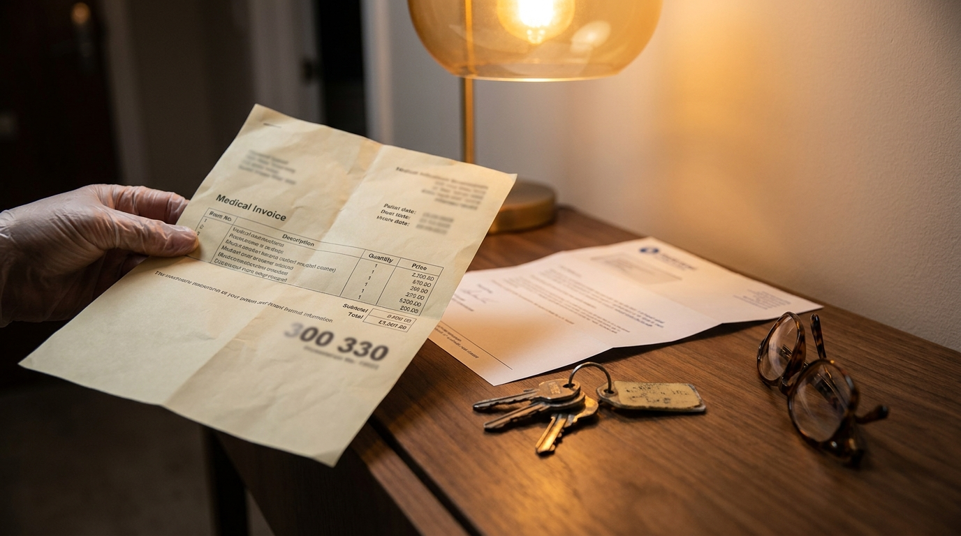 A private medical invoice on a kitchen table beside an open wallet