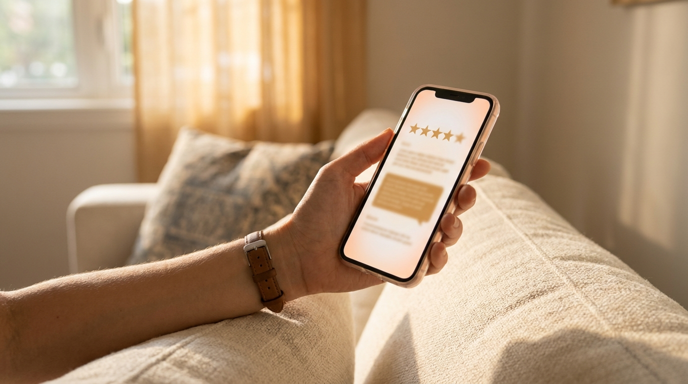 A phone screen showing verified five-star customer reviews