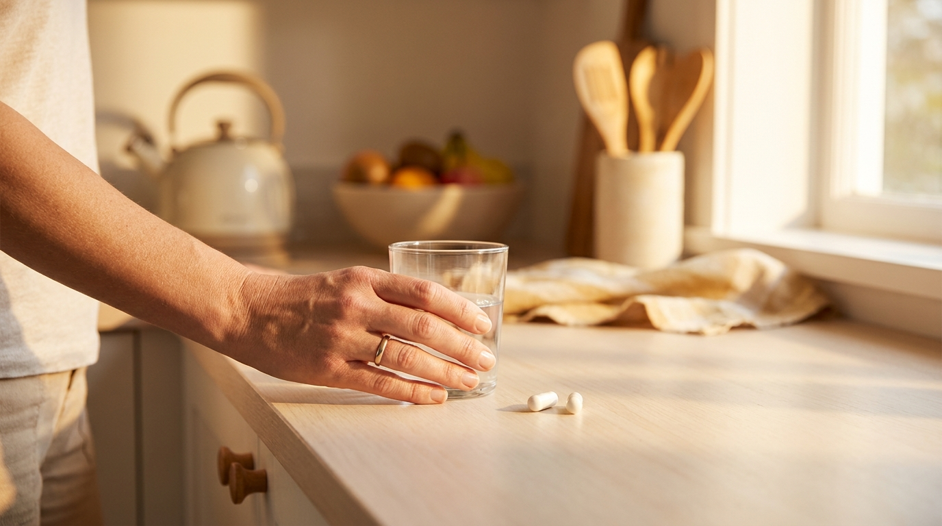 A steaming cup of tea on a sunlit kitchen counter on a calm first morning