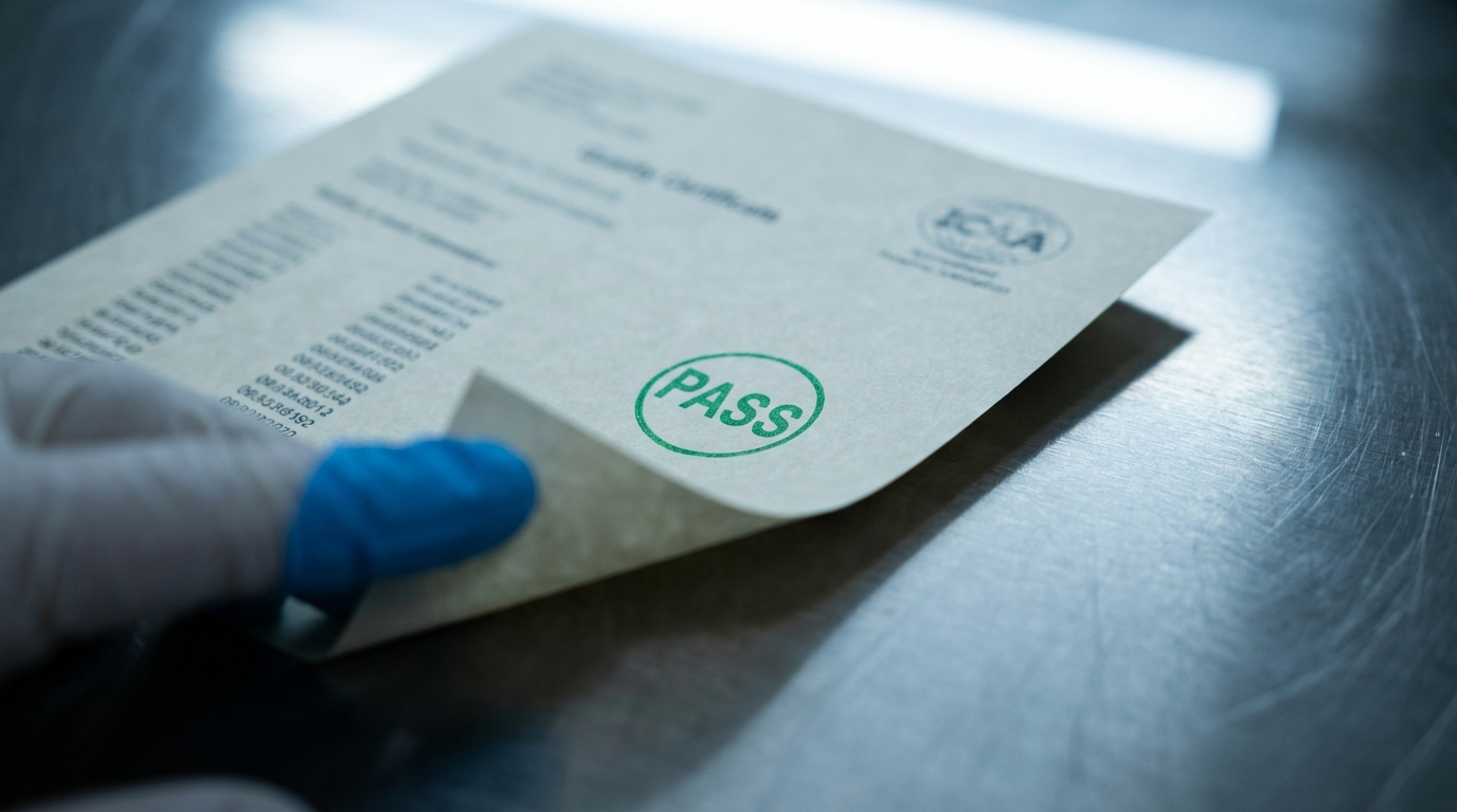 A GMP batch certificate on a clipboard beside quality-controlled capsules