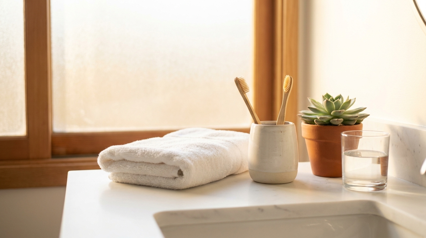 A clean bathroom counter in warm morning light with neatly folded towels