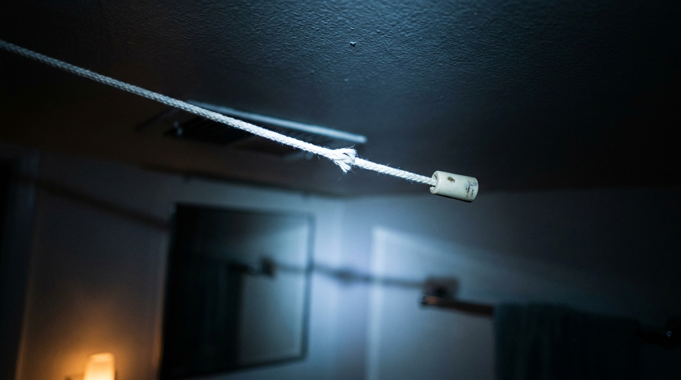 A bathroom light pull cord hanging in shadow during the quiet early hours