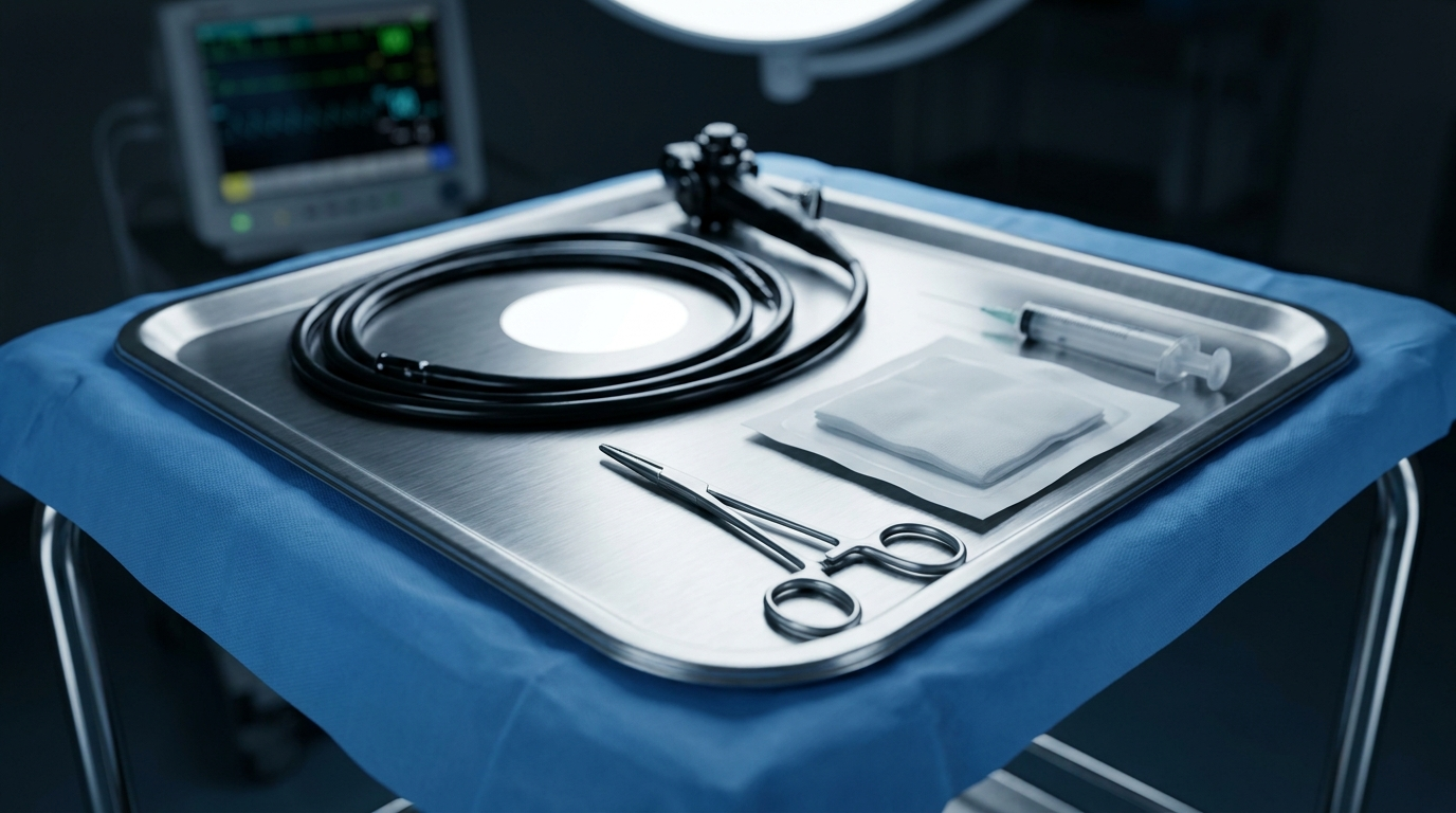 Sterile surgical instruments arranged on a stainless steel tray