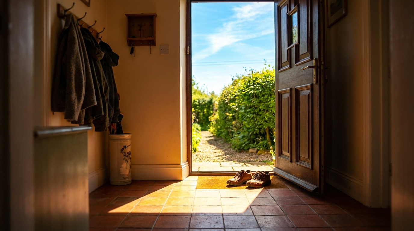 A sunlit front doorstep with morning light falling across the welcome mat