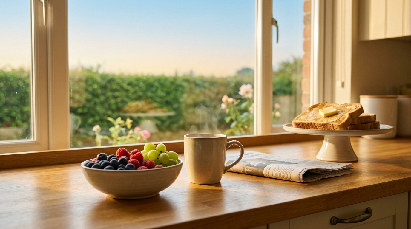 A bright kitchen with fresh fruit and morning light streaming through the window