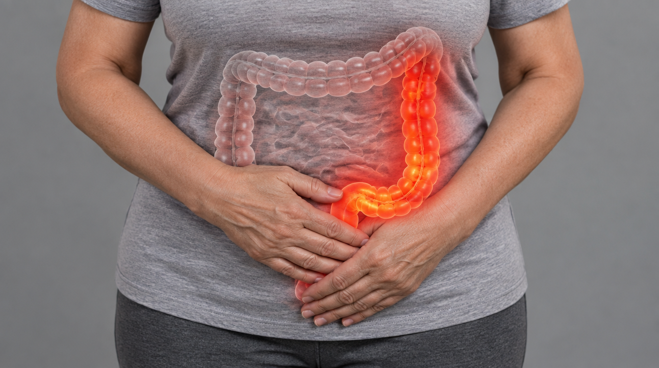 Woman experiencing constipation discomfort with red overlay on abdomen area