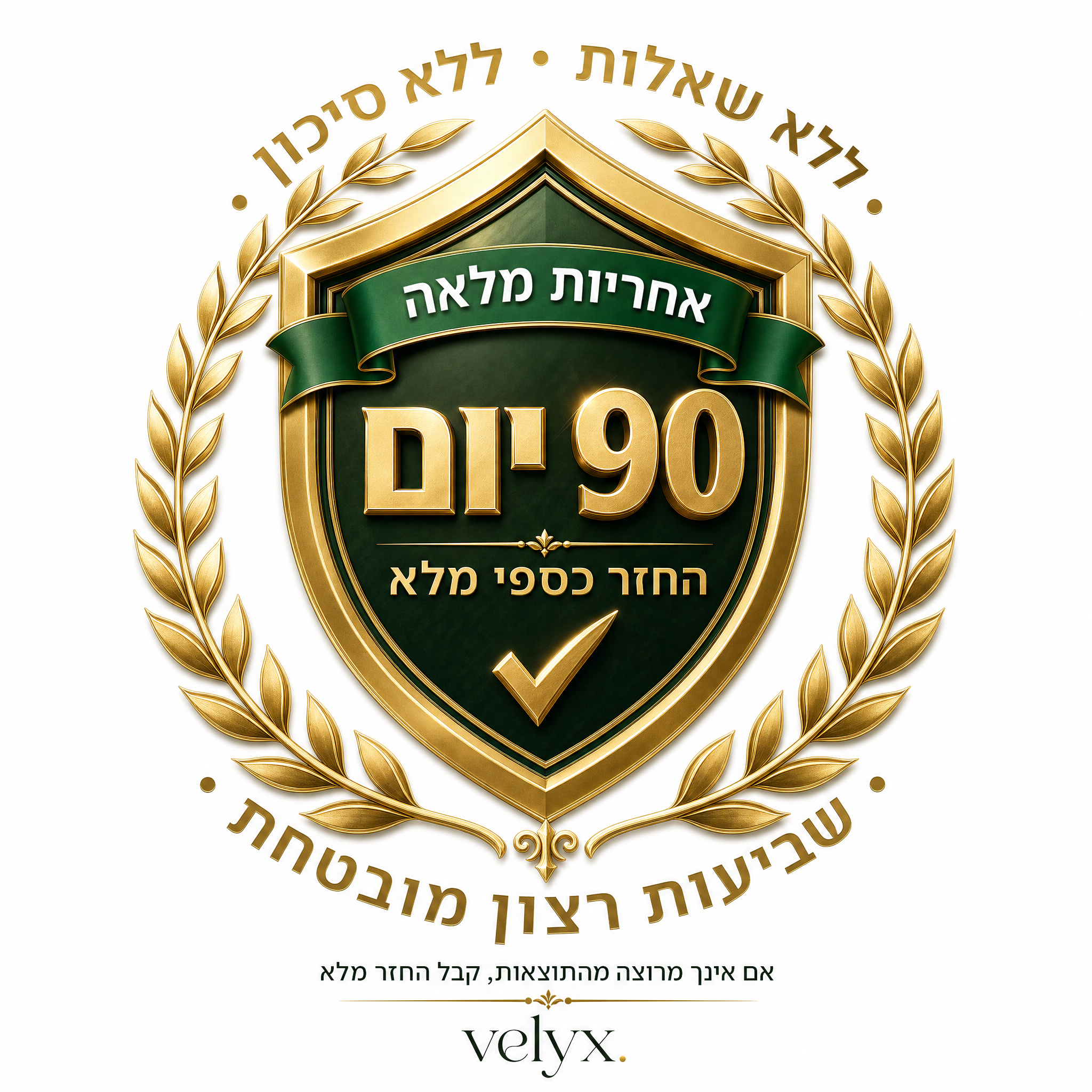 חותמת אחריות זהובה עם הכיתוב '90 יום החזר כספי מלא - אחריות אישית', עיצוב יוקרתי ואמין