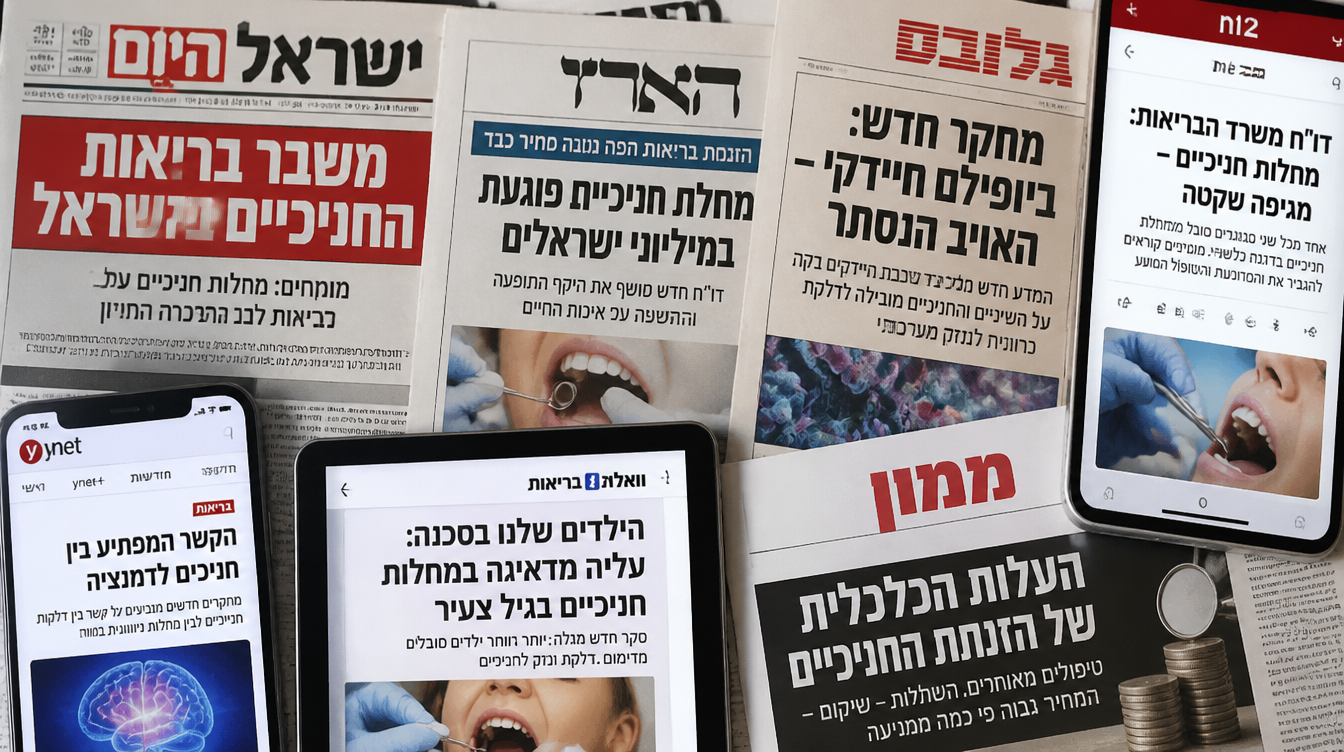 קולאז' של כותרות חדשות מאתרי בריאות בעברית על Velyx ומחלת חניכיים, רושם של פרסום בתקשורת