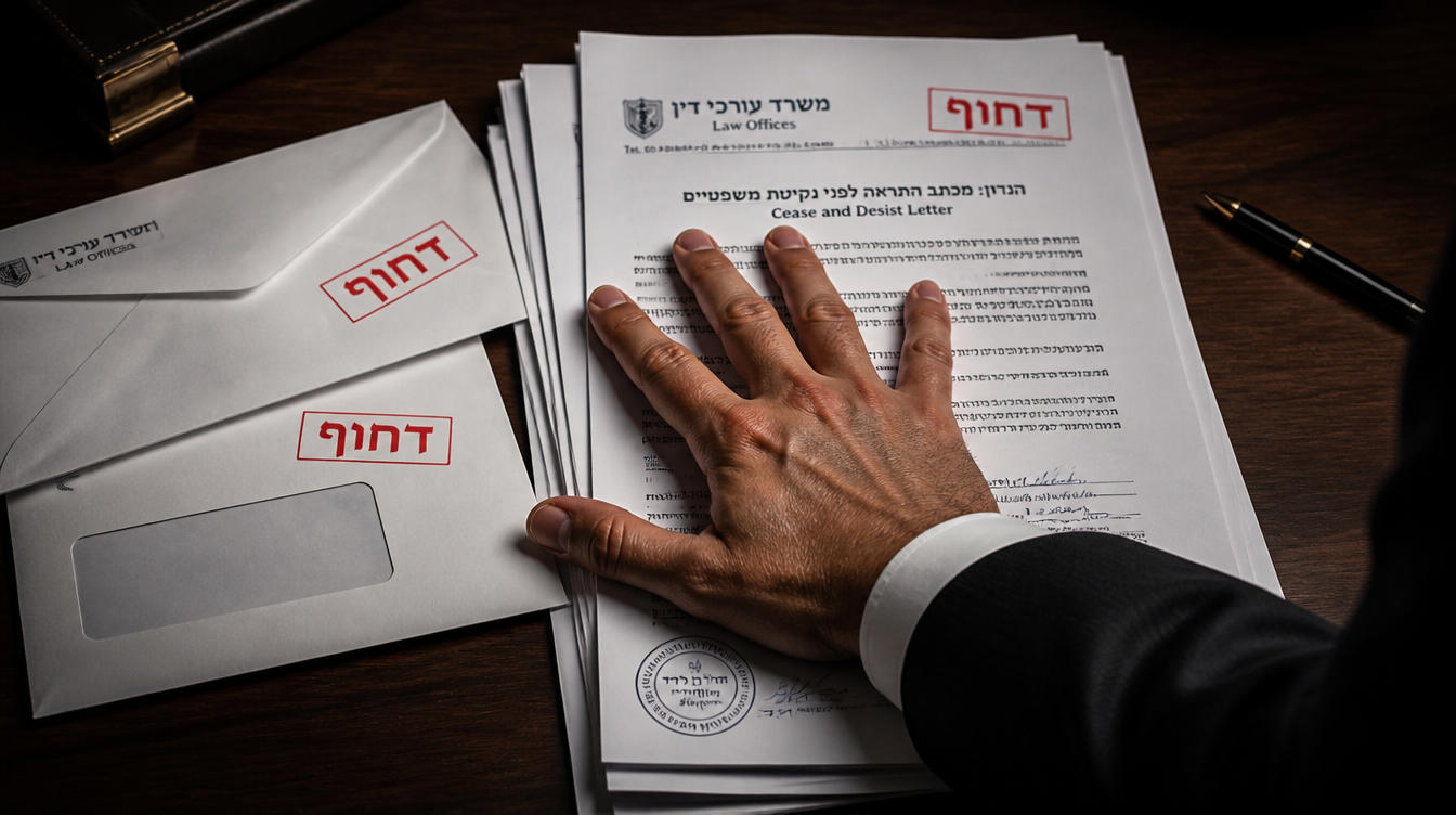 ערימת מכתבים רשמיים ממשרדי עורכי דין על שולחן עם חותמת אדומה ׳הפסק פעולה׳, מסמך מהווה איום משפטי