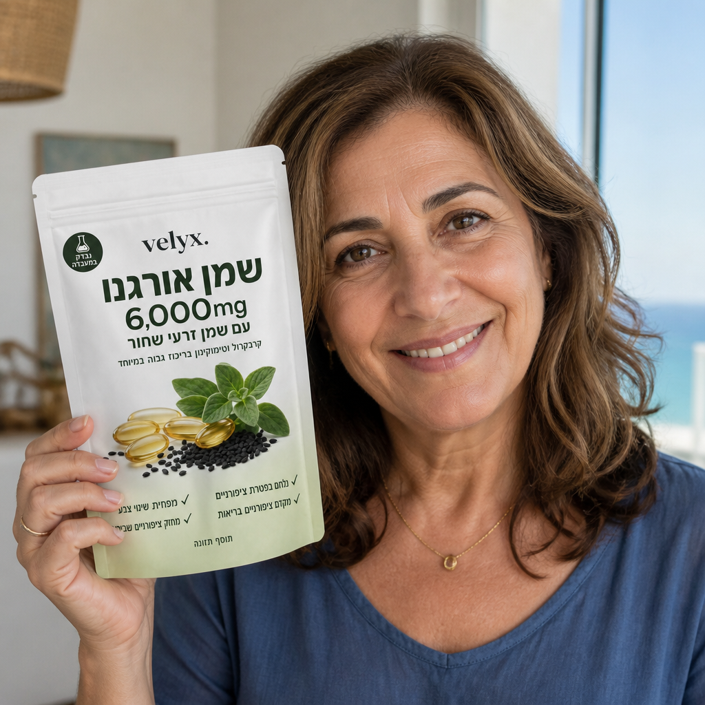 קלרה א., אשה בגיל 62 מחייכת ומחזיקה אריזת Velyx, נראית בריאה ושמחה, צילום ביתי