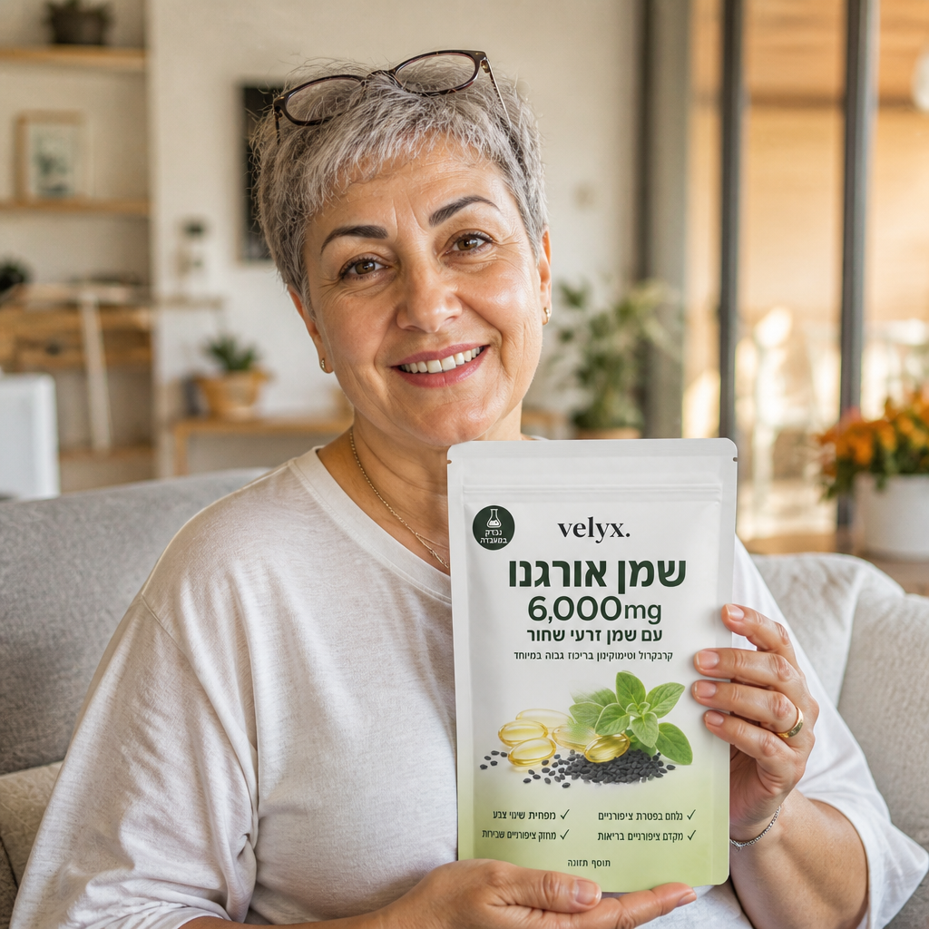 אוסנת פ., אשה בגיל 60 בערך מחייכת חיוך רחב, מחזיקה אריזת Velyx, צילום מקצועי בסלון