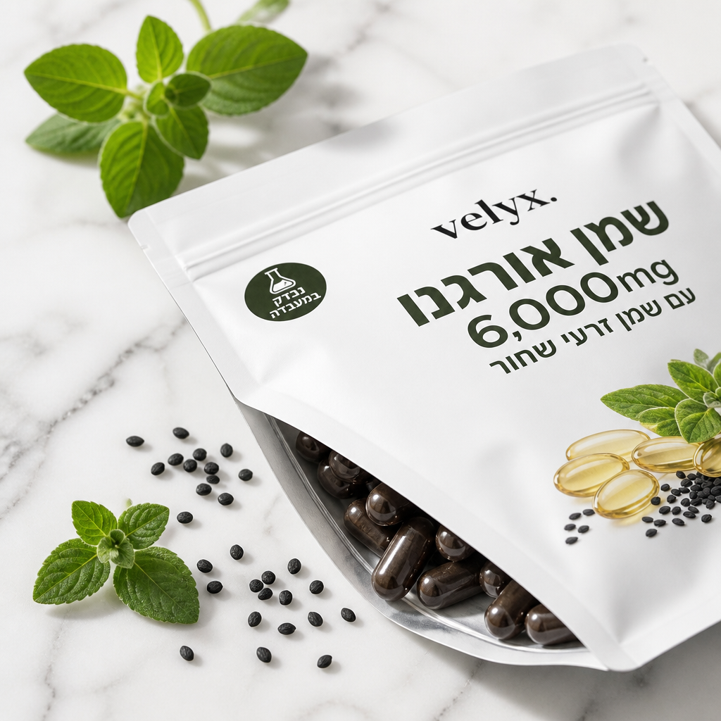 צילום קרוב של אריזת Velyx, נראה ברור הלוגו, הקפסולות שופכות החוצה, רקע מקצועי נקי