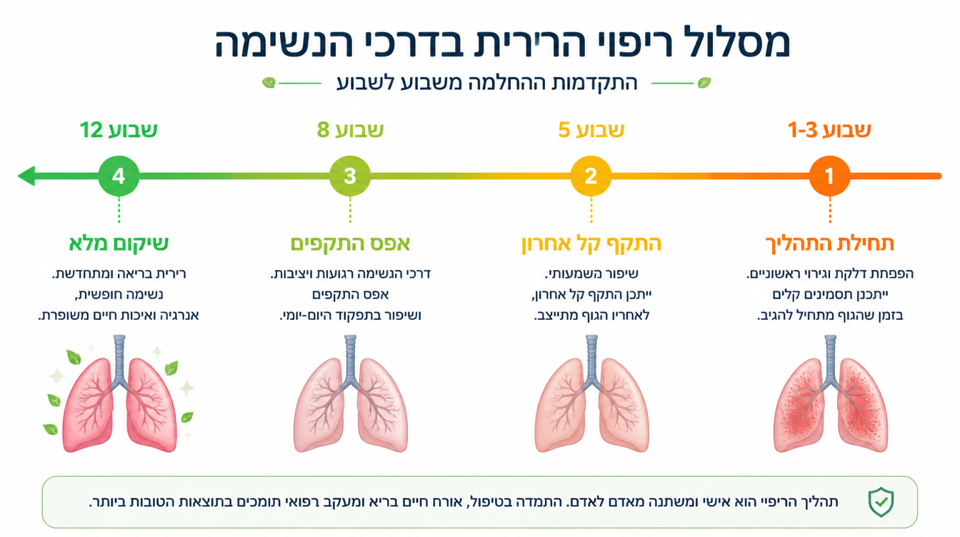 אינפוגרפיקה של ציר זמן שיקום הרירית משבוע 1 עד שבוע 12 - תחילת התהליך, התקף קל אחרון, אפס התקפים, שיקום מלא