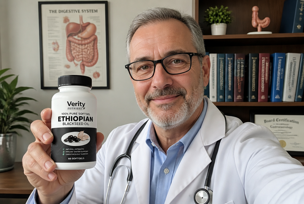 Dr. Stern holding Verity Nutrient bottle