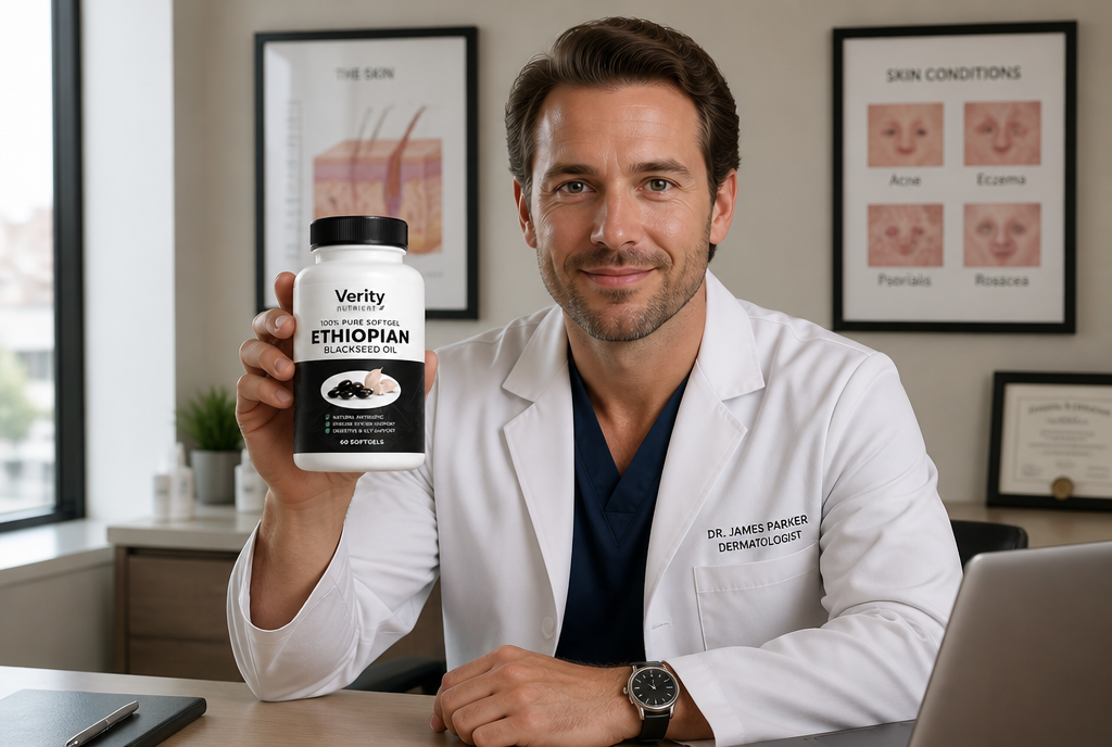 Dr. Walker holding Verity Nutrient bottle