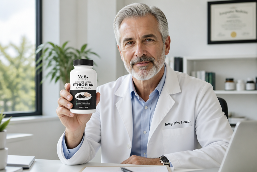 Dr. Chen holding Verity Nutrient bottle