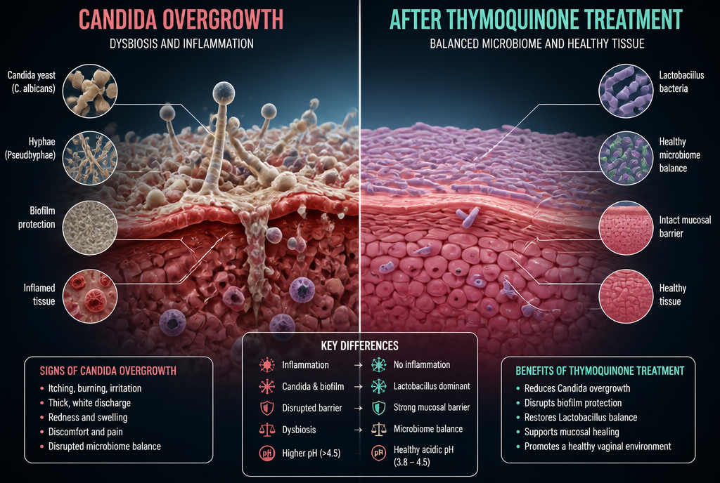 Candida overgrowth vs. after thymoquinone treatment