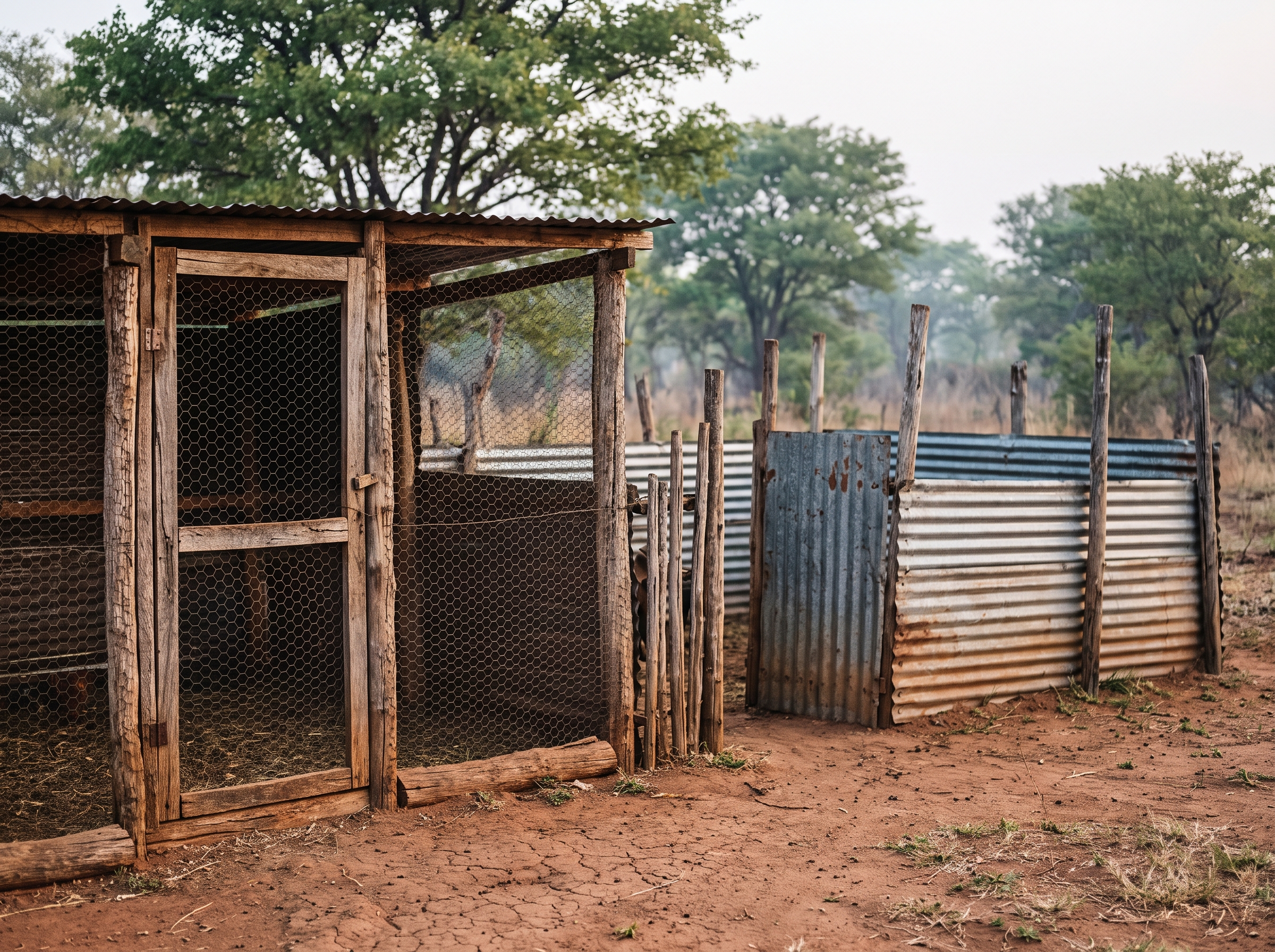 A timber and corrugated-iron farm structure in Zimbabwe
