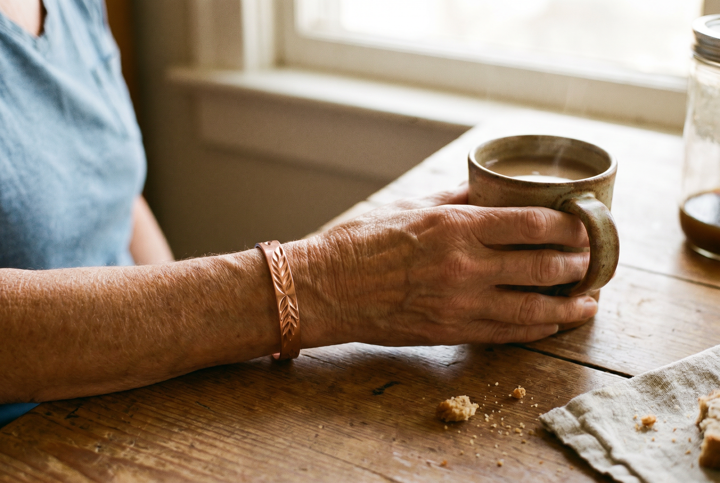 An older woman's wrist wearing a solid copper bracelet, holding a mug of coffee