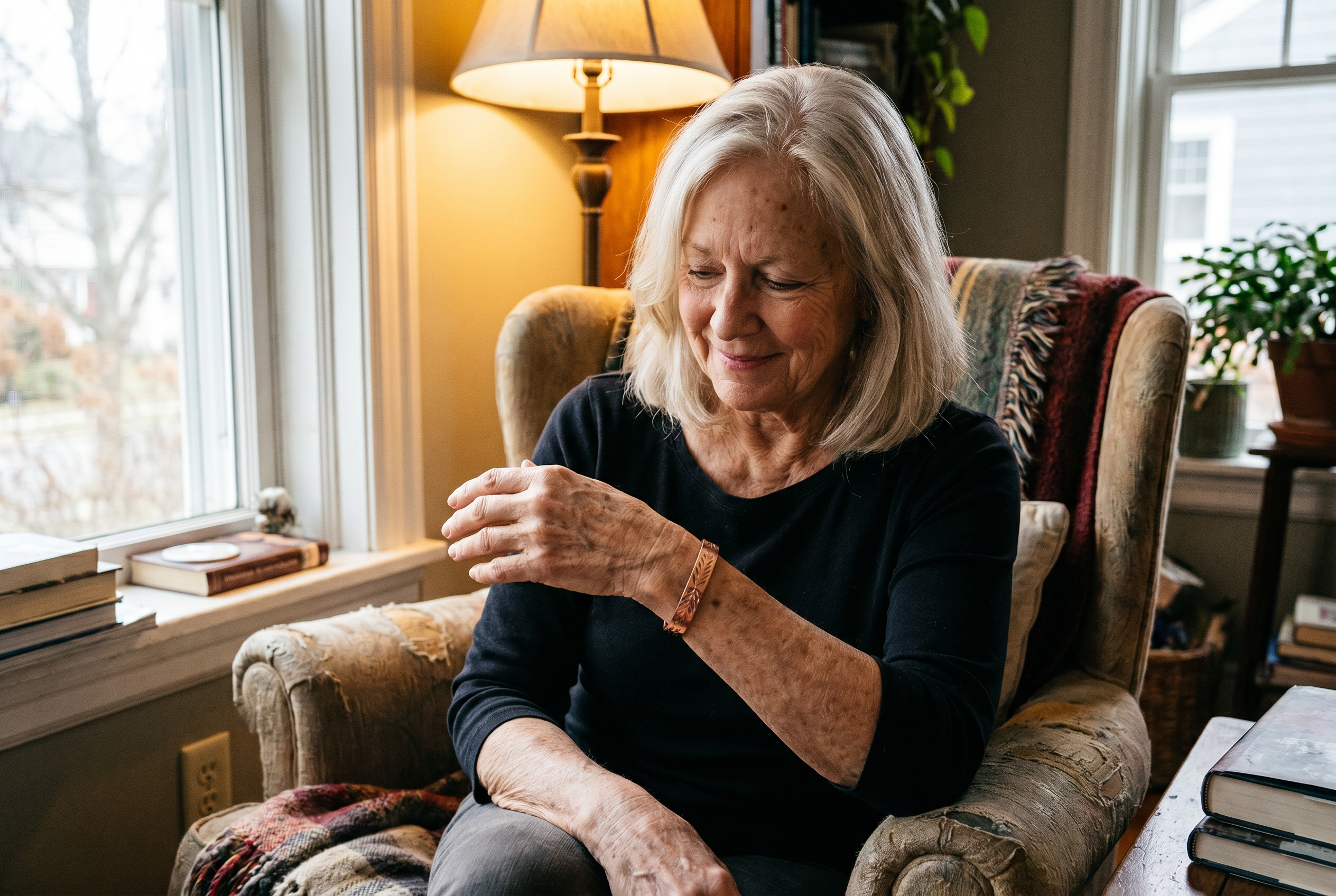 Dorothy, 64, looking at her copper bracelet