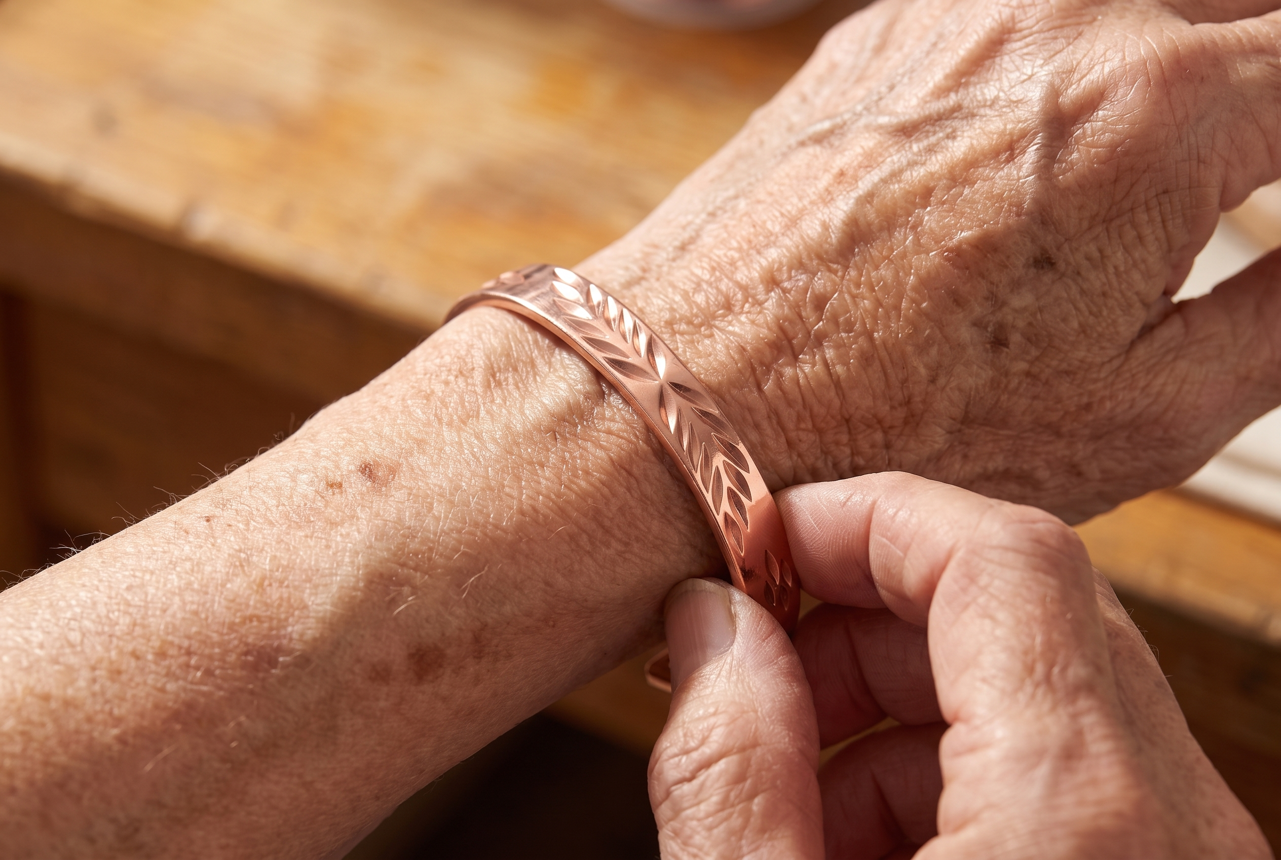 Close-up of fingers turning a copper bracelet around a wrist
