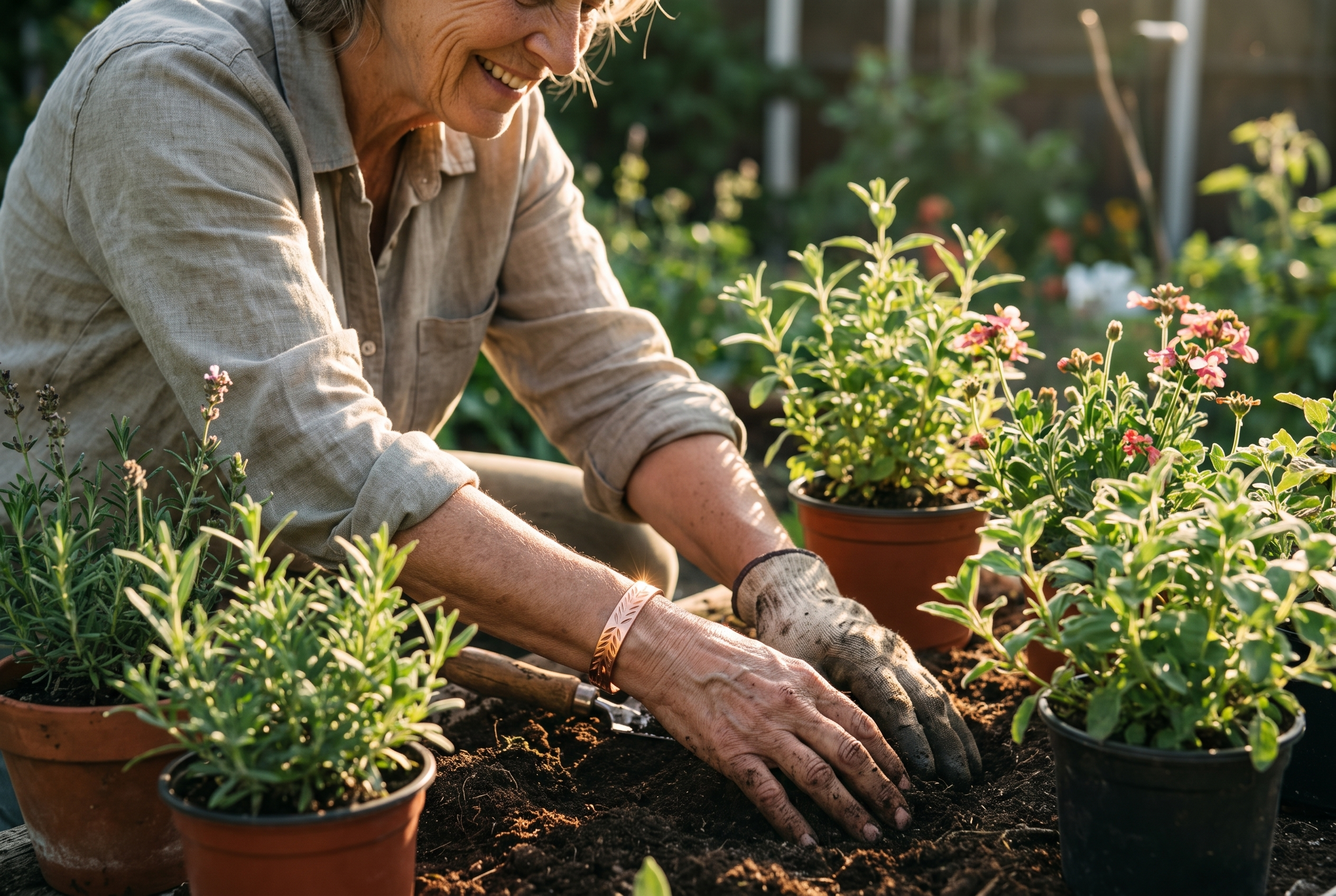 A woman gardening while wearing her copper bracelet