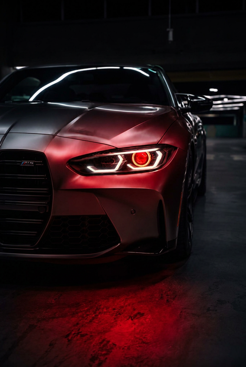 Blacked-out sports car at night with a demon eye headlight burning red