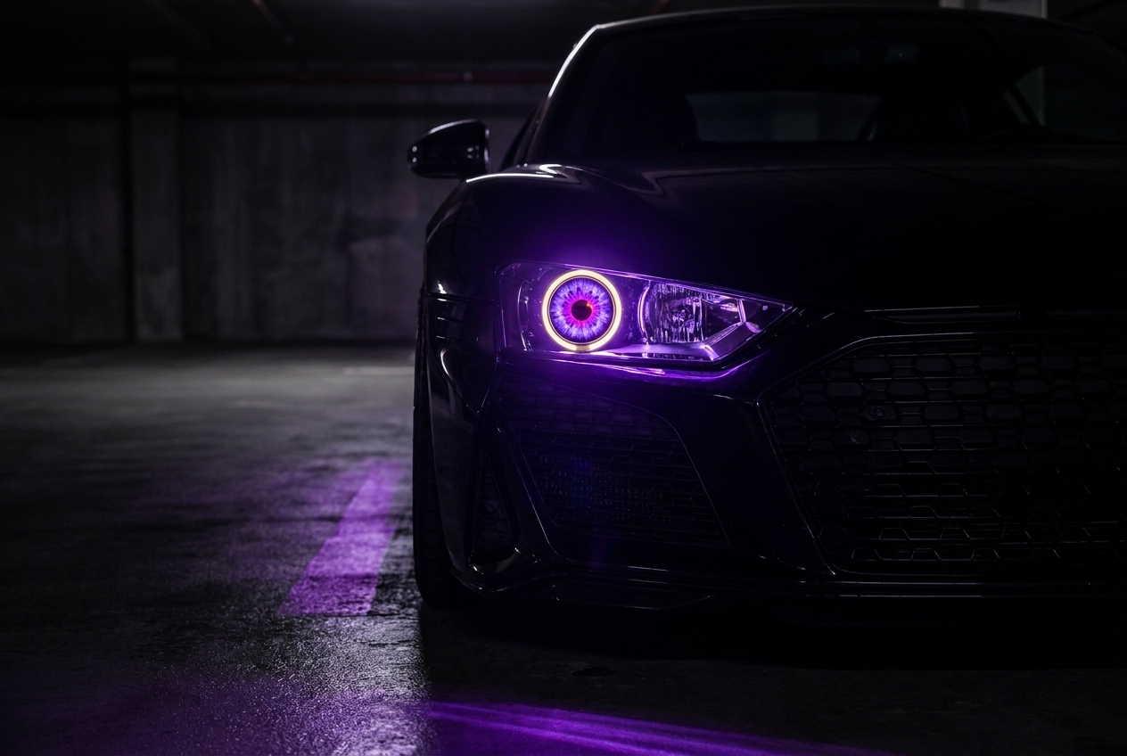 Demon eye lit violet inside a car headlight