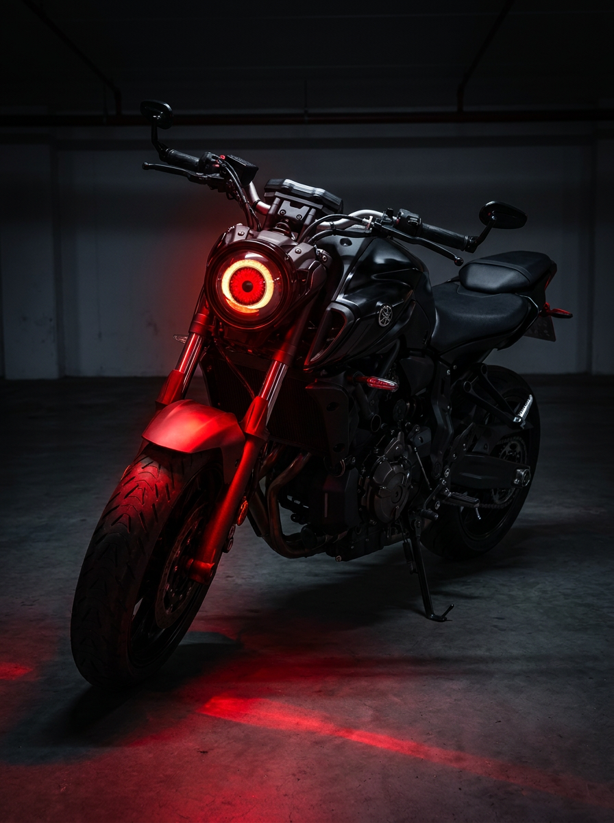 Demon eye installed and lit in a motorcycle headlight