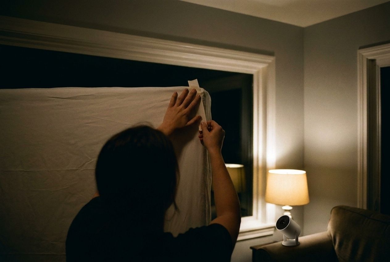 Taping a white bedsheet flat inside the window frame