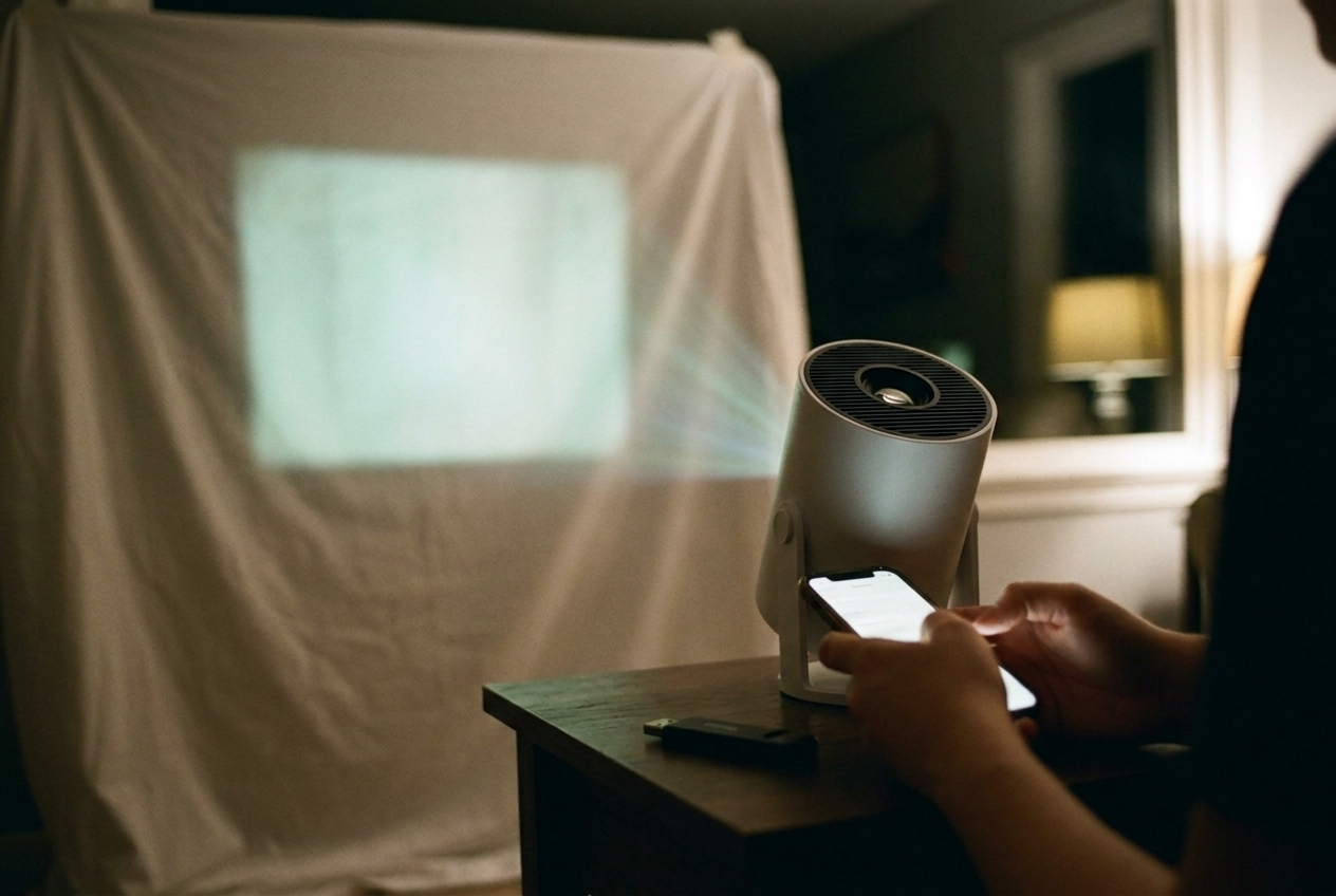 Loading a scene from a phone beside the projector as it beams onto the window