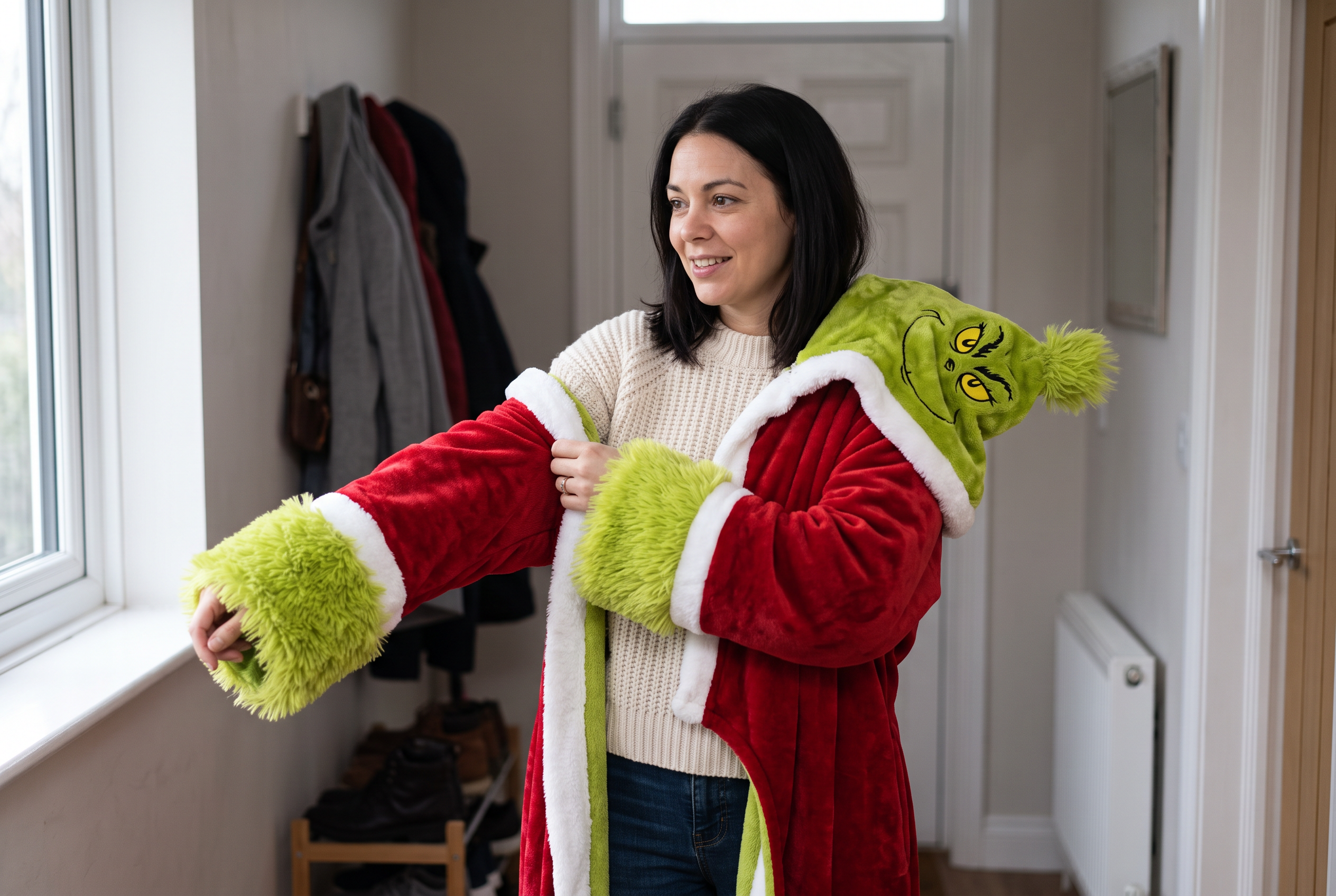 A woman pulling the Heat Grump heated robe on over her clothes in a hallway