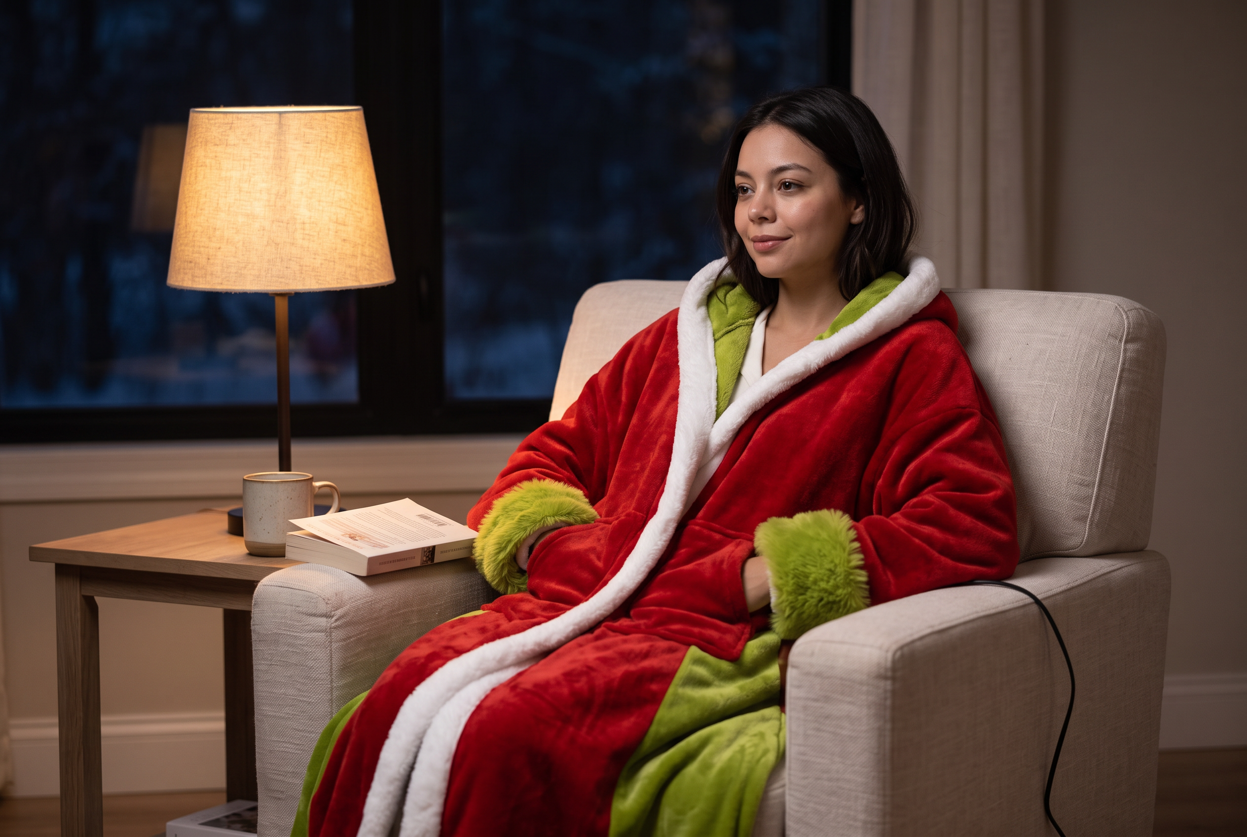 A woman settled into an armchair wearing the Heat Grump robe on a winter evening